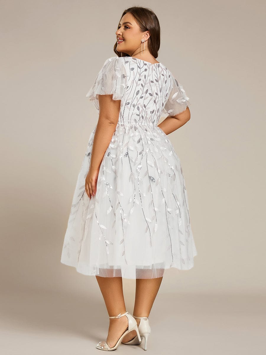 Plus Size Sparkly A-Line Midi Tulle Formal Wedding Guest Dress with Leaf Sequin