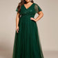 Plus Size Short Sleeves Sequin V-Neck Formal Evening Dress with Tulle