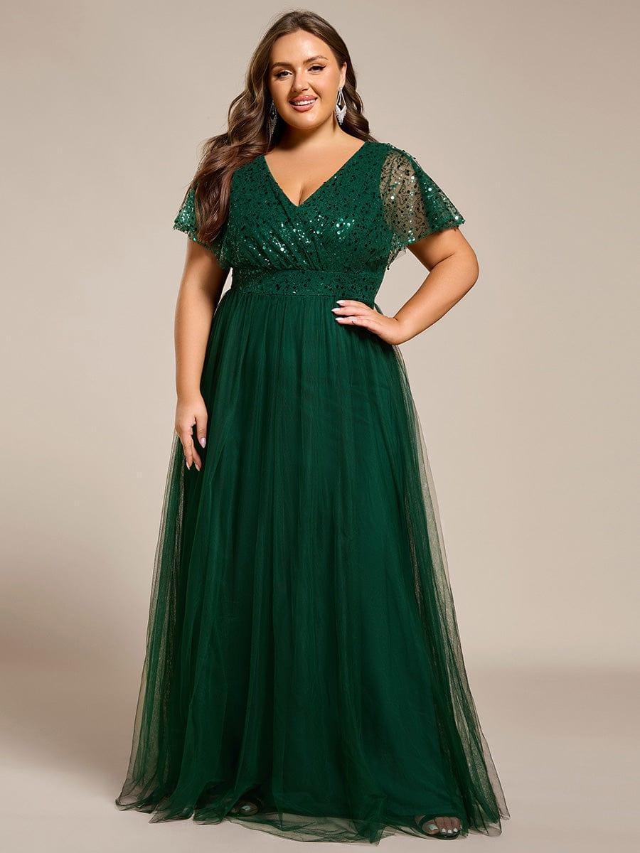 Plus Size Short Sleeves Sequin V-Neck Formal Evening Dress with Tulle