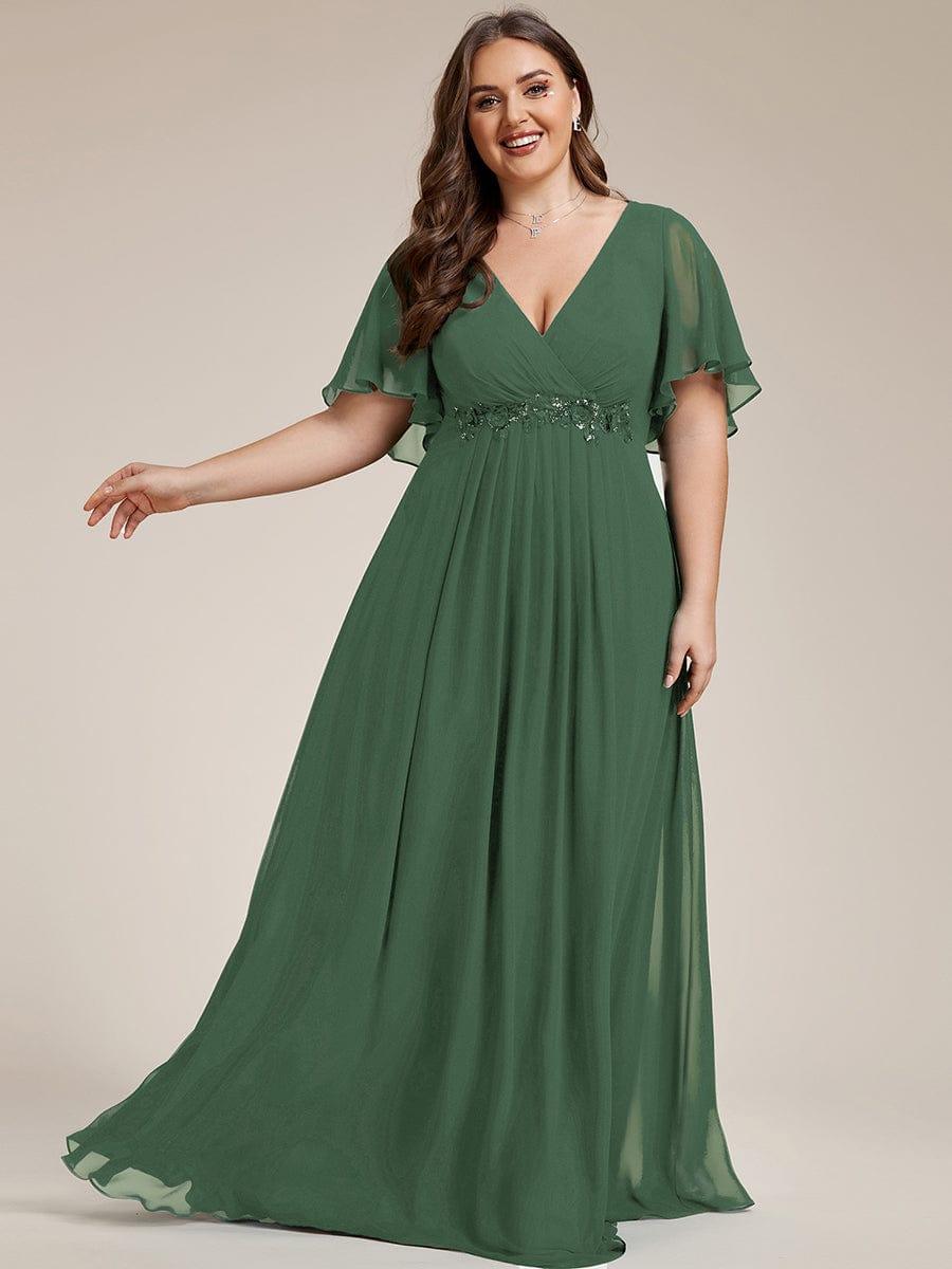 Plus Size Floral Applique Short Sleeve A-Line Chiffon Formal Evening Dress