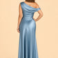 Floor Length Stretch Satin Bridesmaid Gown with Asymmetrical Neckline