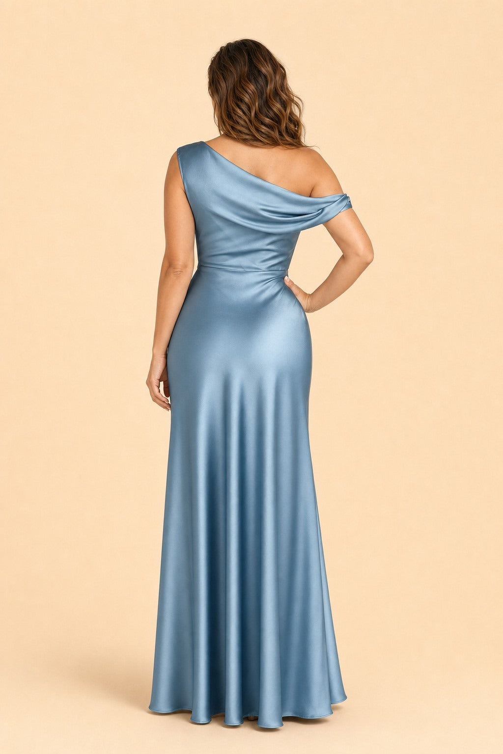Floor Length Stretch Satin Bridesmaid Gown with Asymmetrical Neckline