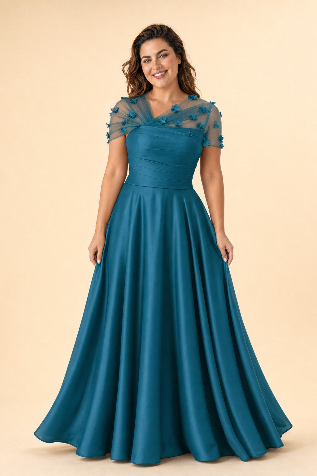Plus Size Backless A-Line Formal Gown with Floral Appliqué and Satin Skirt