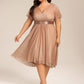 Plus Size Glitter Short Sleeve V-Neck Pleated Midi Wedding Guest Dress