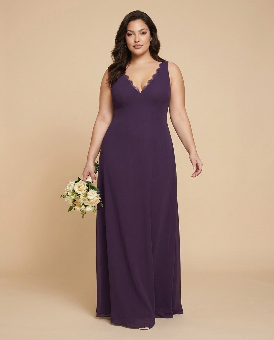 Silvarelle Plus Size Timeless Lace Sheath Floor Length Chiffon Bridesmaid Dress -N0366