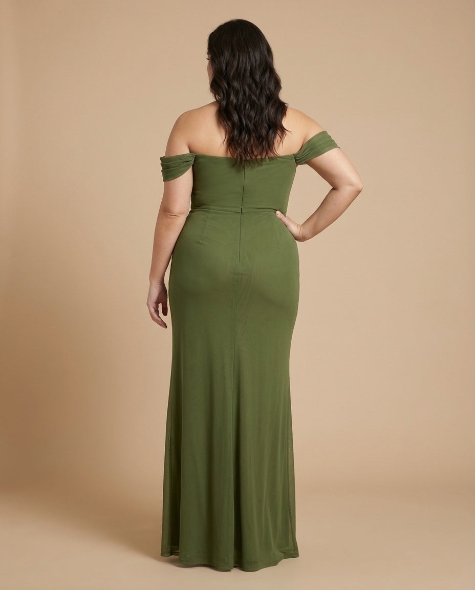 Elanthia Convertible Off-the-Shoulder Mesh Plus Size Bridesmaid Dress for Weddings - N0344