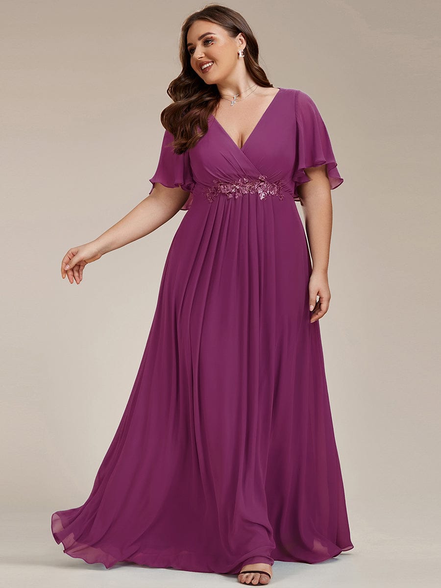 Plus Size Floral Applique Short Sleeve A-Line Chiffon Formal Evening Dress