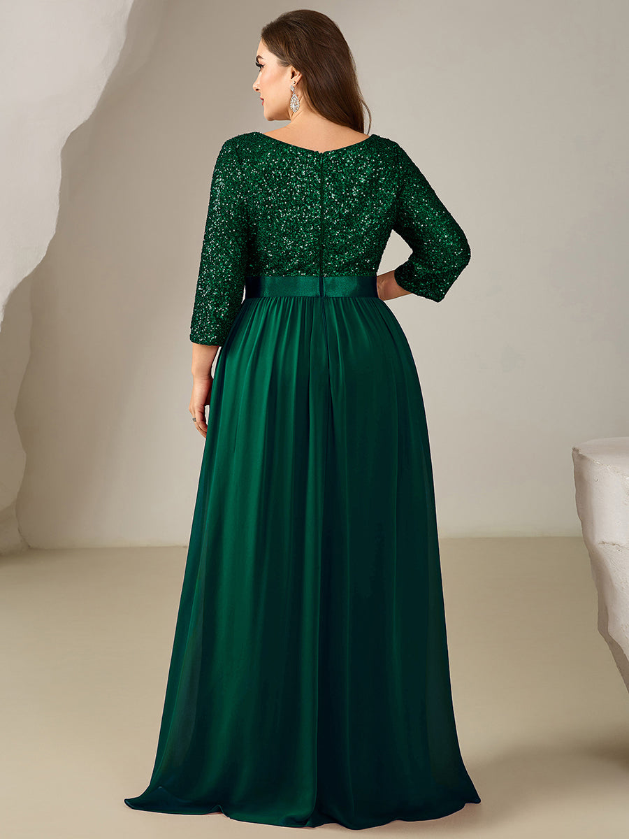 Plus Size  Sequin 3/4 Sleeves Evening Dress