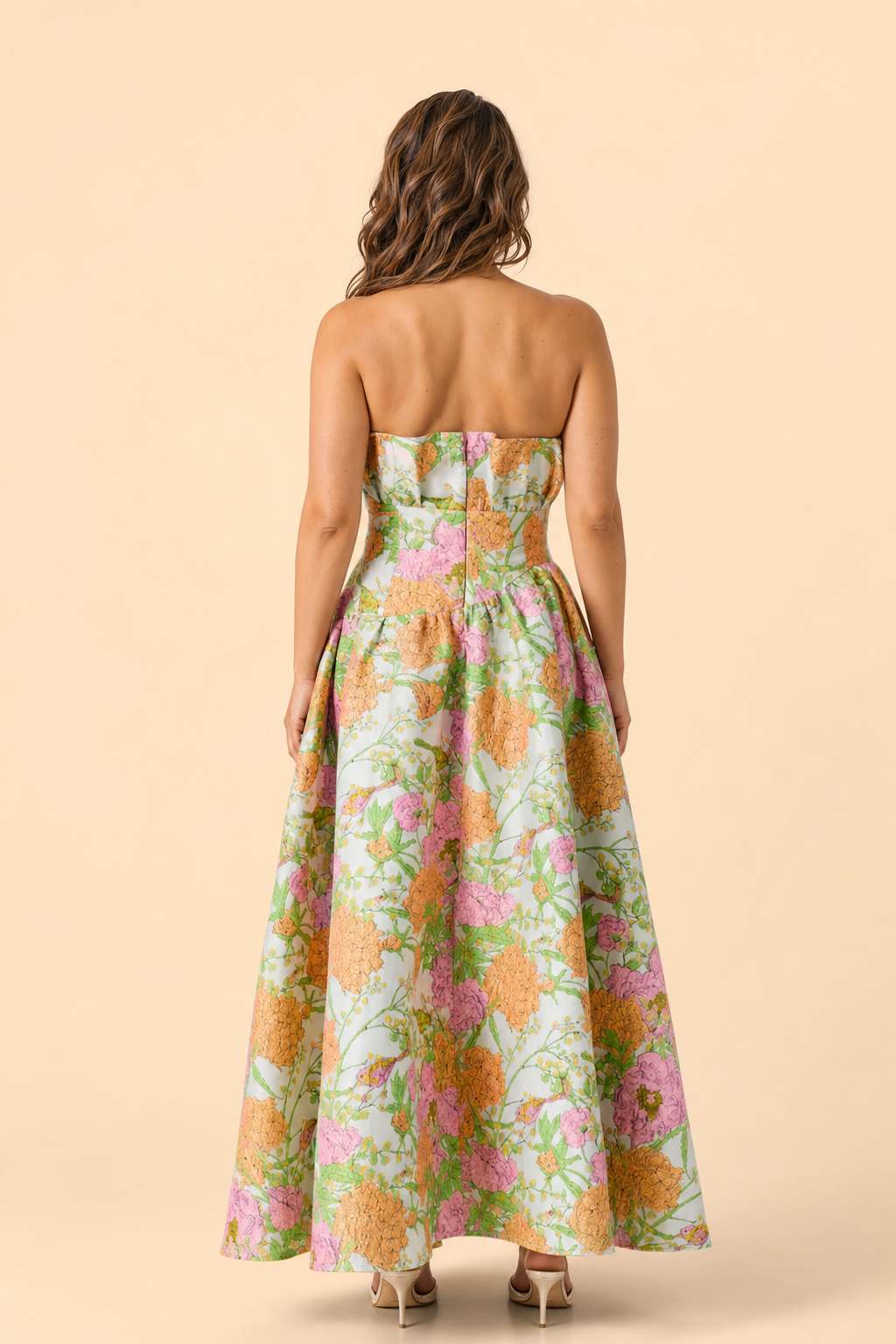 Plus Size Floral Jacquard Bridesmaid Dress with Ruffle Hem A-Line Silhouette