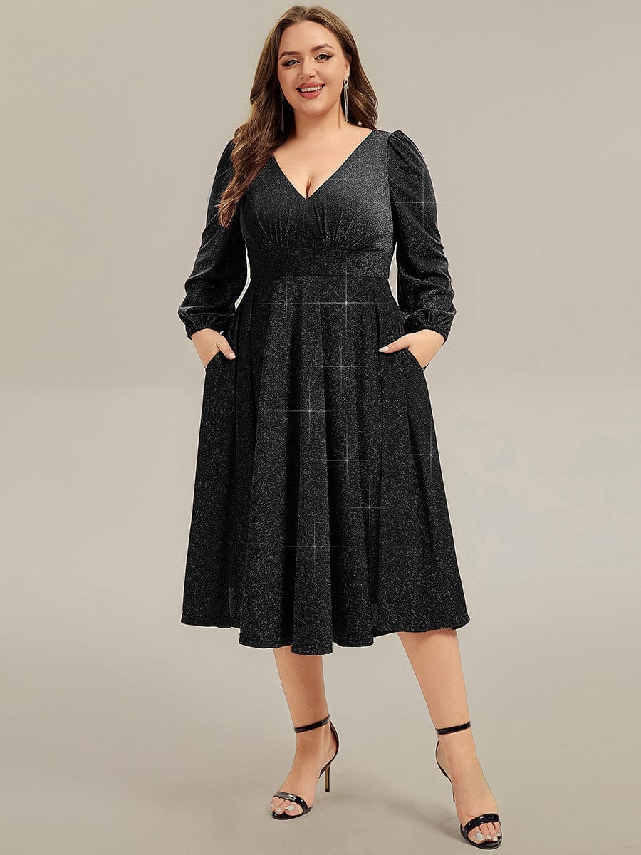 Plus Size Glitter long Sleeve Midi Dress With Pocket