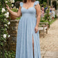 Plus Size A-Line Bridesmaid Dress with Floral Burnout Fabric Ruched Bodice and Slit Detail