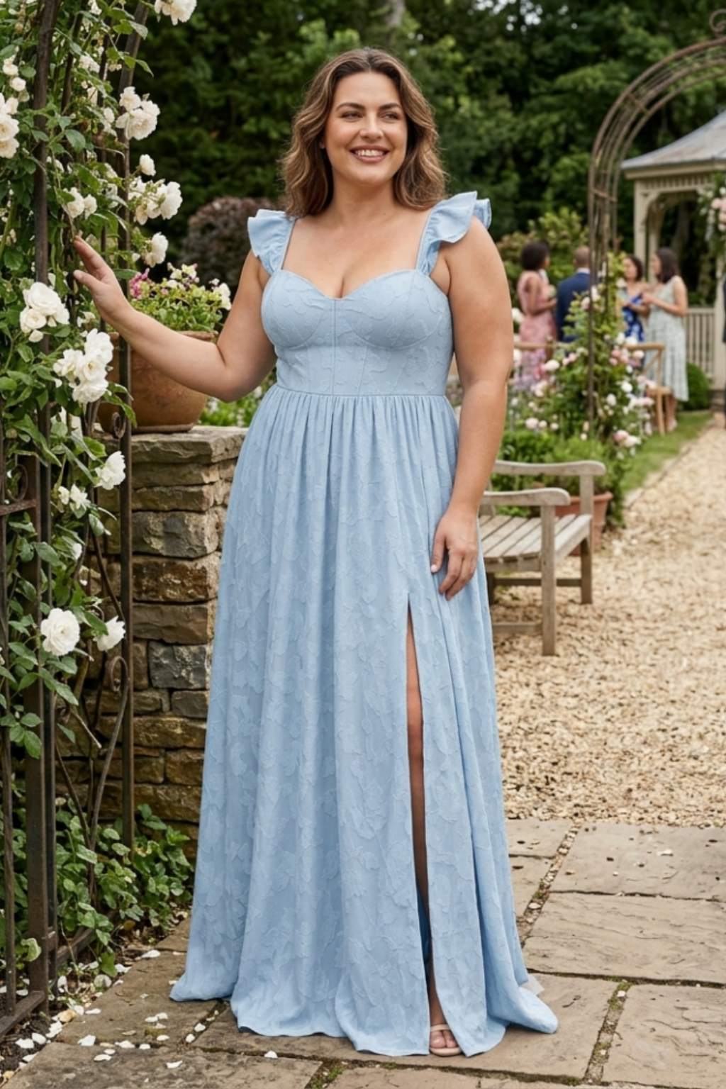 Plus Size A-Line Bridesmaid Dress with Floral Burnout Fabric Ruched Bodice and Slit Detail