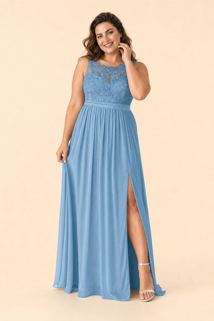 Plus Size Lace Bridesmaid Dress with Slit and Pockets Elegant A-Line Chiffon Open Back Formal Gown