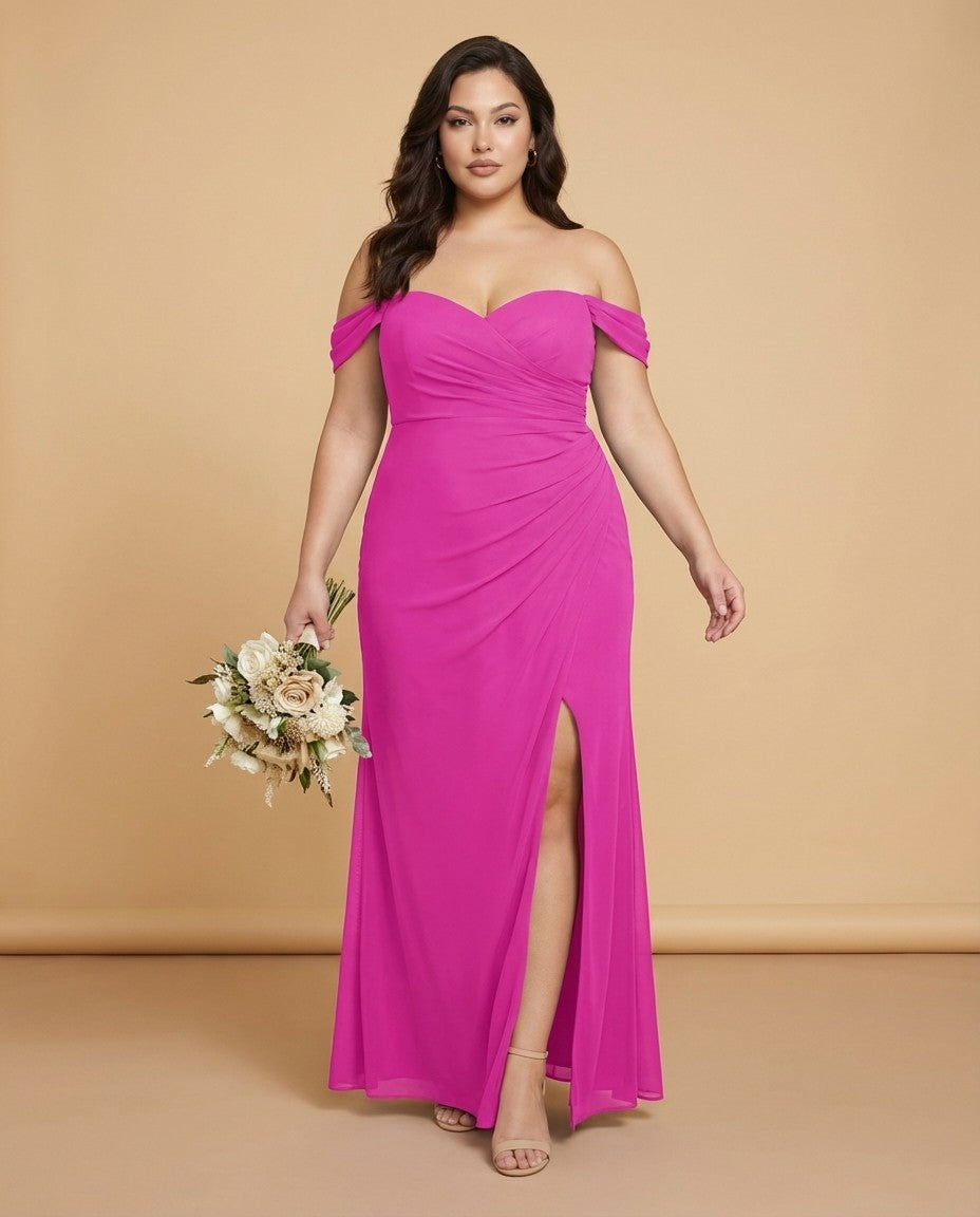 Elanthia Plus Size Off The Shoulder Mesh Bridesmaid Dress With Leg Slit For Wedding Party -N0346
