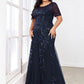 Floral Sequin Print Plus Size Mermaid Tulle Evening Dress