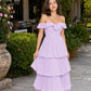 Elegant A Line Maxi Bridesmaid Dress Pleated Tiered Off Shoulder Design