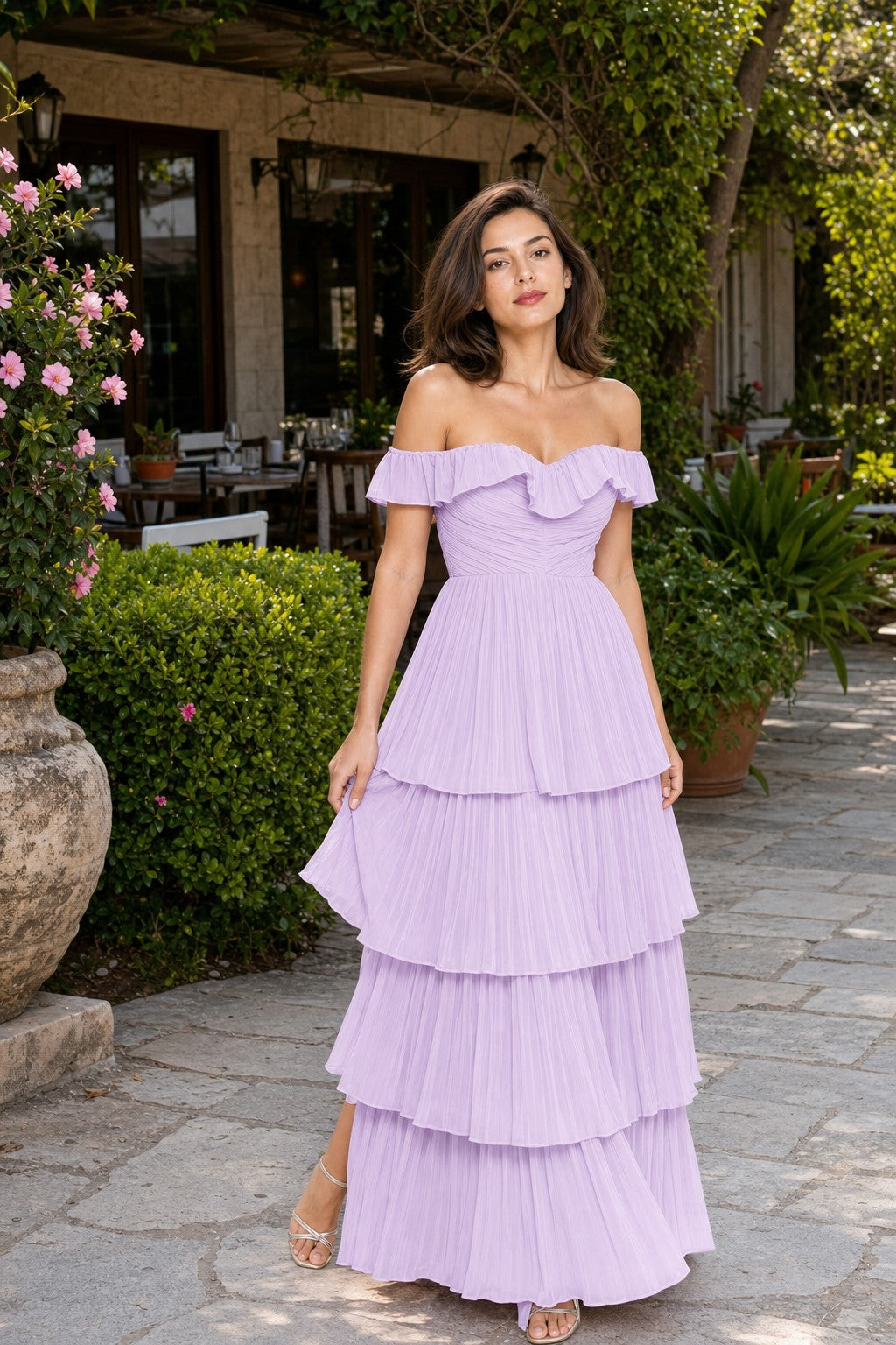 Elegant A Line Maxi Bridesmaid Dress Pleated Tiered Off Shoulder Design