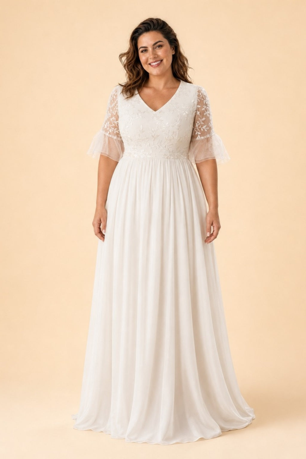 Plus Size Chiffon A-Line Bride Wedding Dress with Embroidered Detail