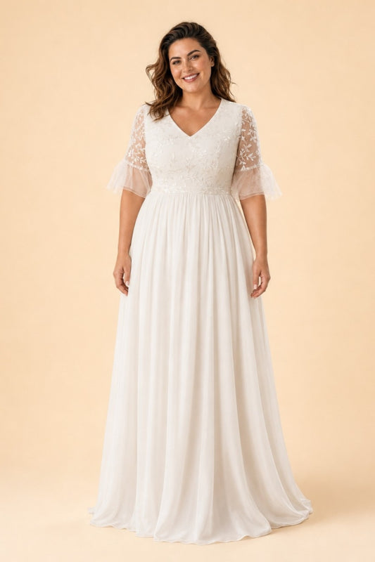 Plus Size Chiffon A-Line Bride Wedding Dress with Embroidered Detail