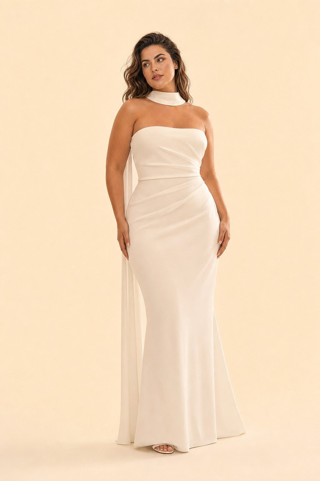 Elegant Plus Size Bridal Gown with Asymmetrical Draping Corset Boning Scarf Accent and Open Back