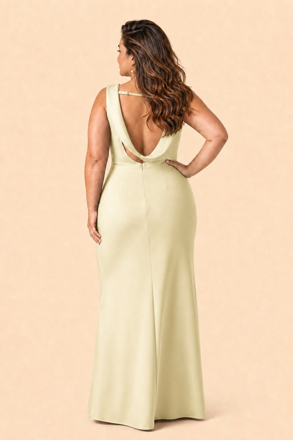 Floor Length Plus Size Bridesmaid Dress Pleated Detail Deep Cowl Back Stretch Satin
