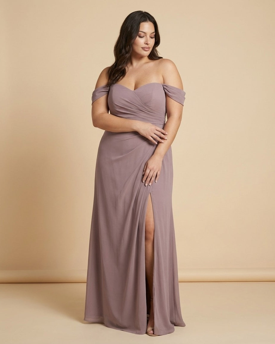 Elanthia Plus Size Romantic Sheath Bridesmaid Dress with Off Shoulder for Wedding -N0347