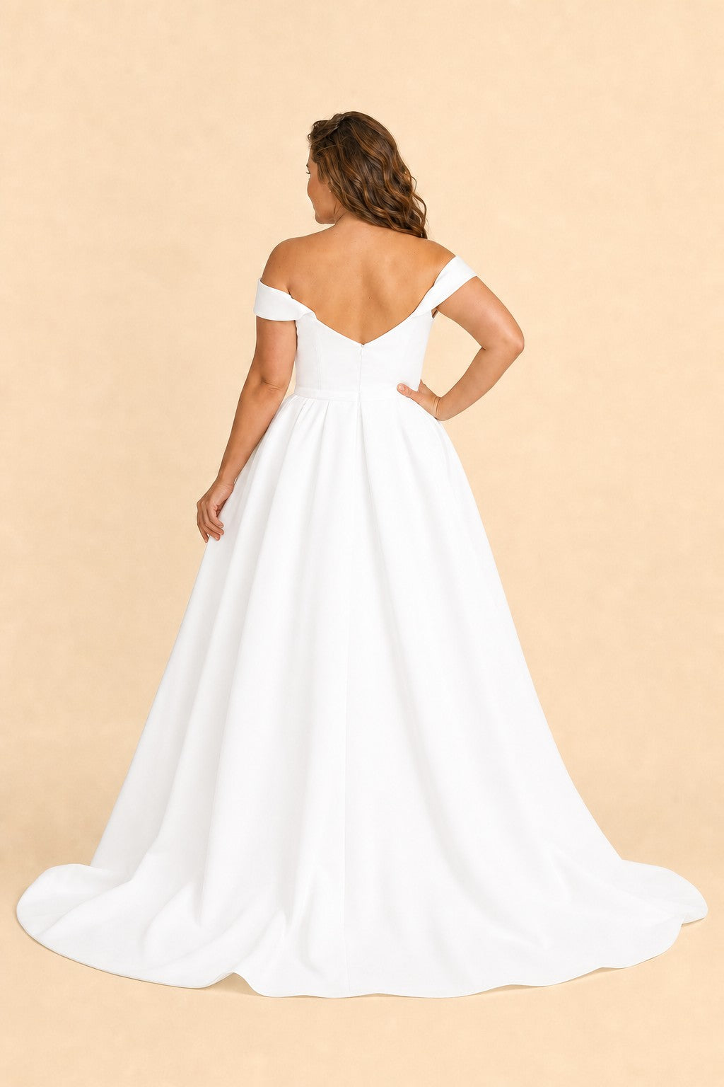 Romantic Off Shoulder Satin Wedding Dress Plus Size with Hidden Pockets