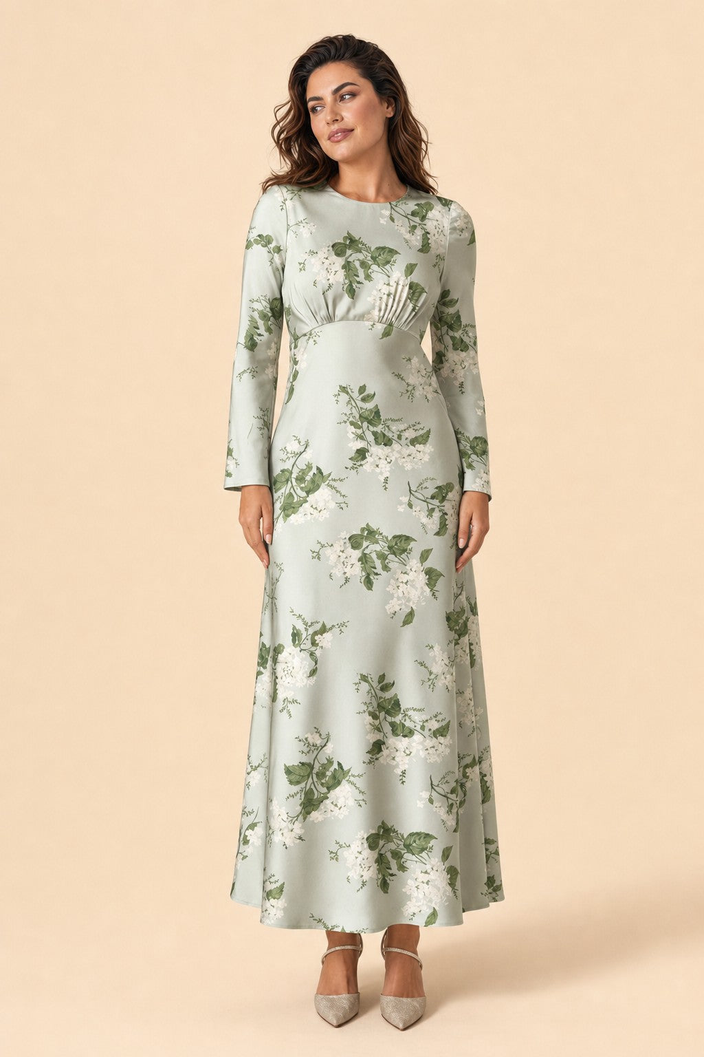 Floral Satin Charmeuse Plus Size Bridesmaid Dress with Elegant Peony Print Bridesmaid Gown Style