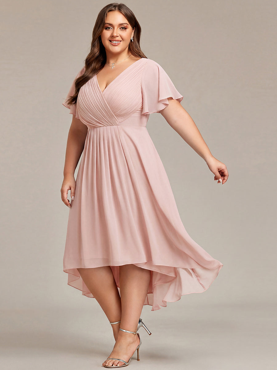 Plus Size Double V-Neck Ruffles Sleeve Chiffon Midi Wedding Guest Dress