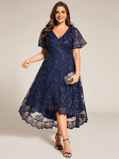 Plus Size Short Sleeves Embroidered Mesh A-Line V-Neck Midi Wedding Guest Dress