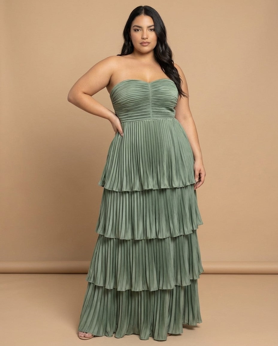 Chantarae Luxury Satin Strapless A-Line Plus Size Bridesmaid Dress with Ruffle -N0377