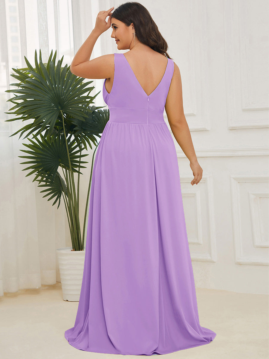 Plus Size Sleeveless V-Neck Empire Waist High Slit Floor-Length Evening Dress