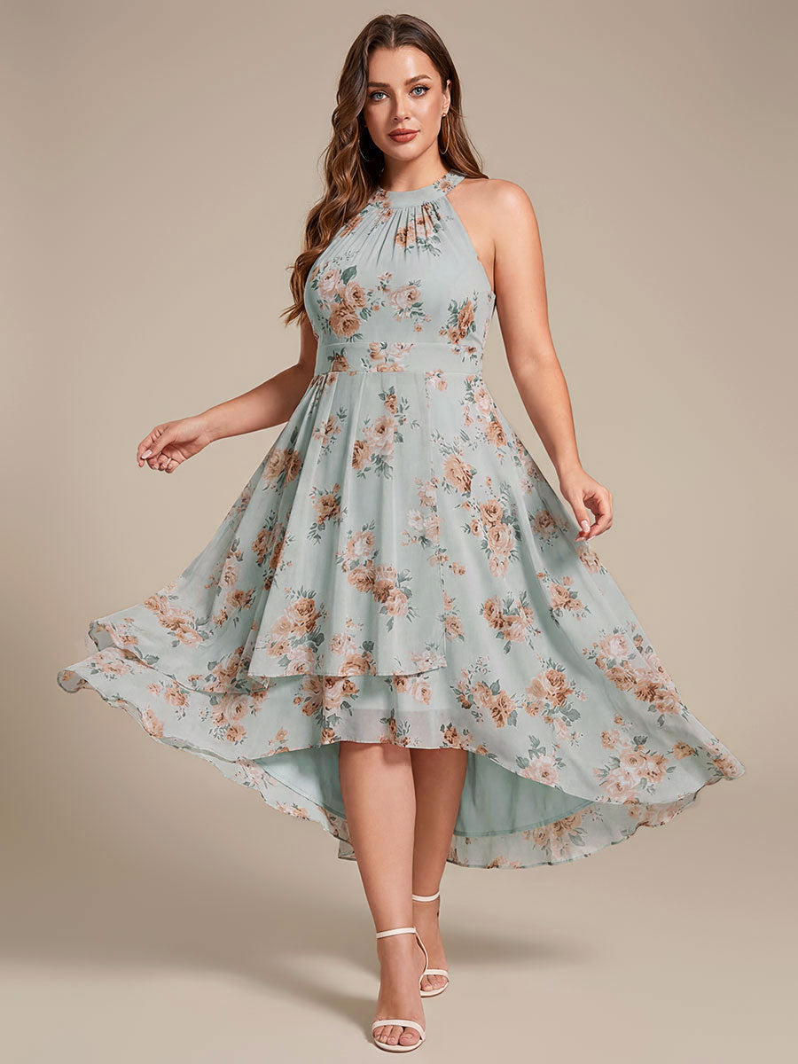 Flowy Plus Size Halter Neck Chiffon Midi Wedding Guest Dress