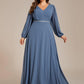 Plus Size A-Line V-Neck See-Through Long Sleeves Shiny Belt Chiffon Evening Dress