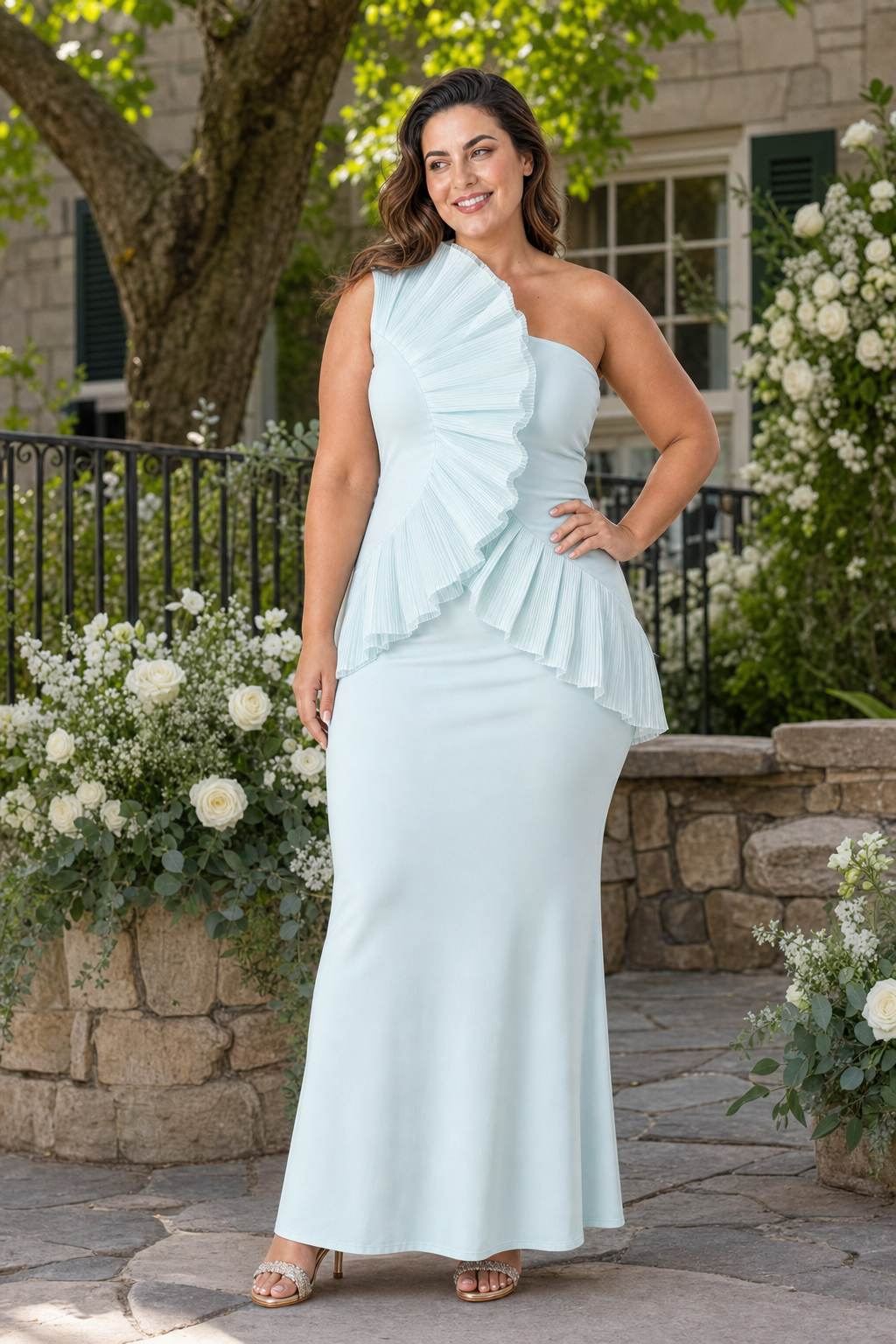 Plus Size One Shoulder Maxi Bridesmaid Dress with Fan Pleats and Elegant Fit