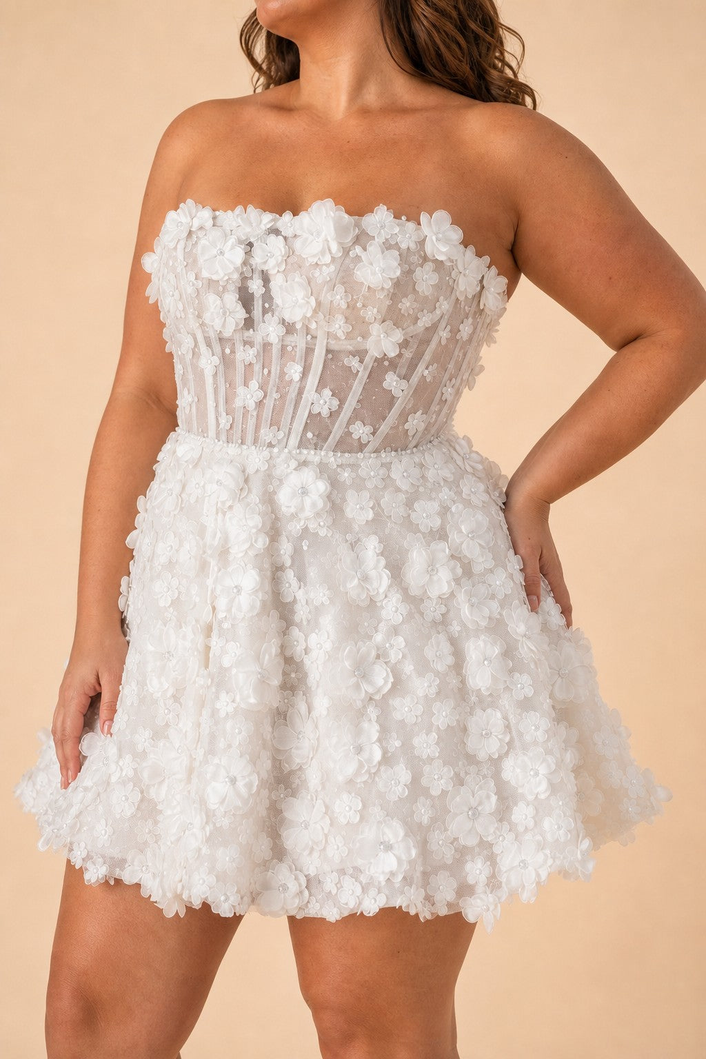 Feminine White A Line Bridal Dress Off Shoulder Detachable Train and 3D Floral Accents