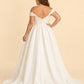 Romantic Off Shoulder Satin Wedding Dress Plus Size with Hidden Pockets