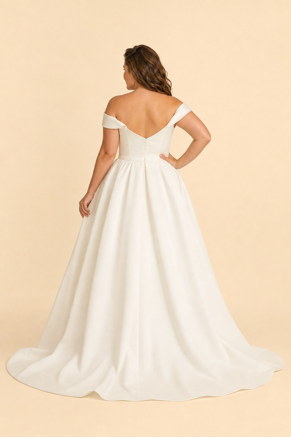 Romantic Off Shoulder Satin Wedding Dress Plus Size with Hidden Pockets