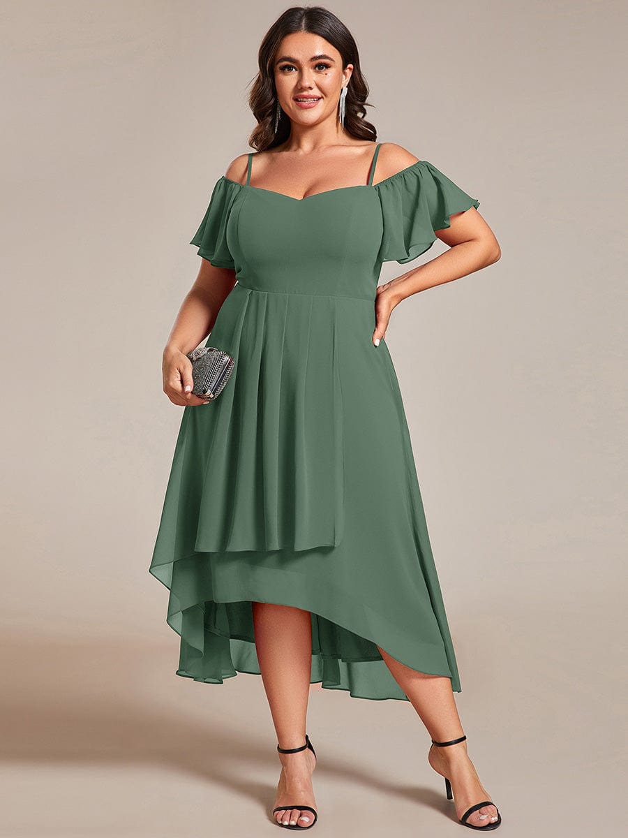 Plus Size Cold Shoulder Sweetheart Necklin Chiffon Midi Wedding Guest Dress