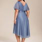 Plus Size Glitter Short Sleeve V-Neck Pleated Midi Wedding Guest Dress