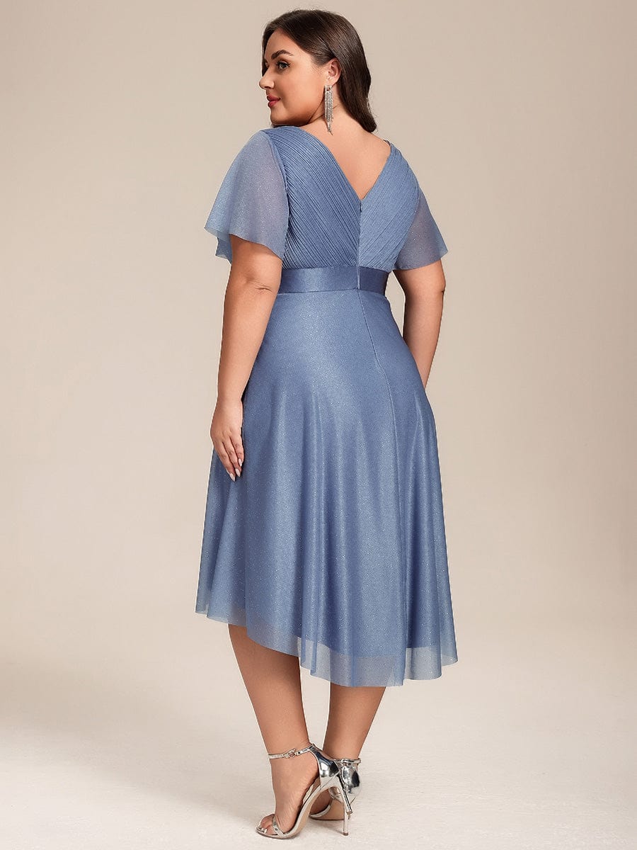 Plus Size Glitter Short Sleeve V-Neck Pleated Midi Wedding Guest Dress