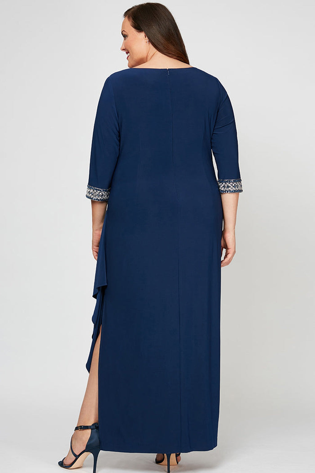 Plus Jersey Dress with Keyhole Cutout Neckline and Embellished Sleeves/Neckline