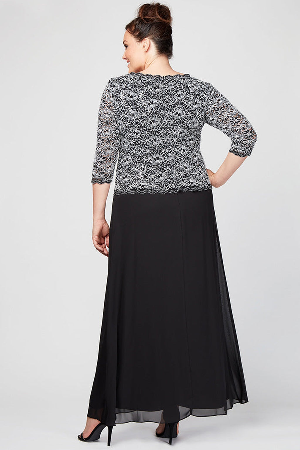 Plus Long Gown with Lace Bodice with Scalloped Hem and Chiffon Skirt