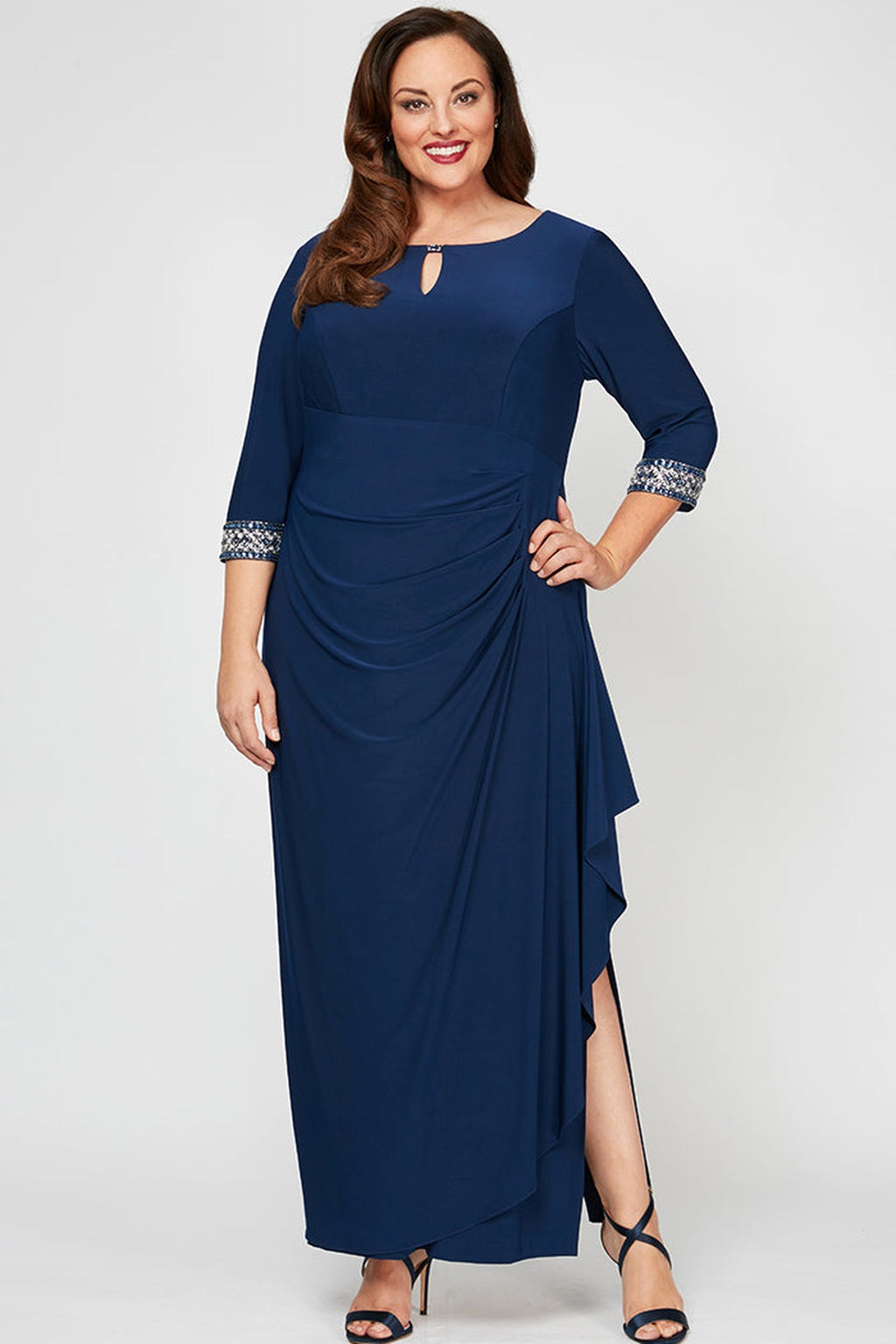 Plus Jersey Dress with Keyhole Cutout Neckline and Embellished Sleeves/Neckline