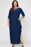 Plus Jersey Dress with Keyhole Cutout Neckline and Embellished Sleeves/Neckline